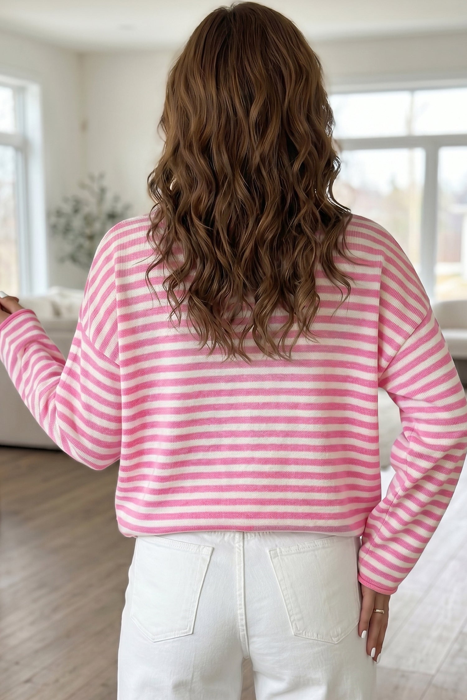 Striped Button Placket Drop Shoulder Long Sleeve Sweater – Pink Stripe