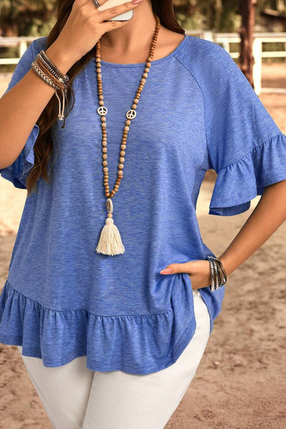 Dusk Blue Ruffled Short Sleeve Plus Size Casual Top BB Fashion Outlet