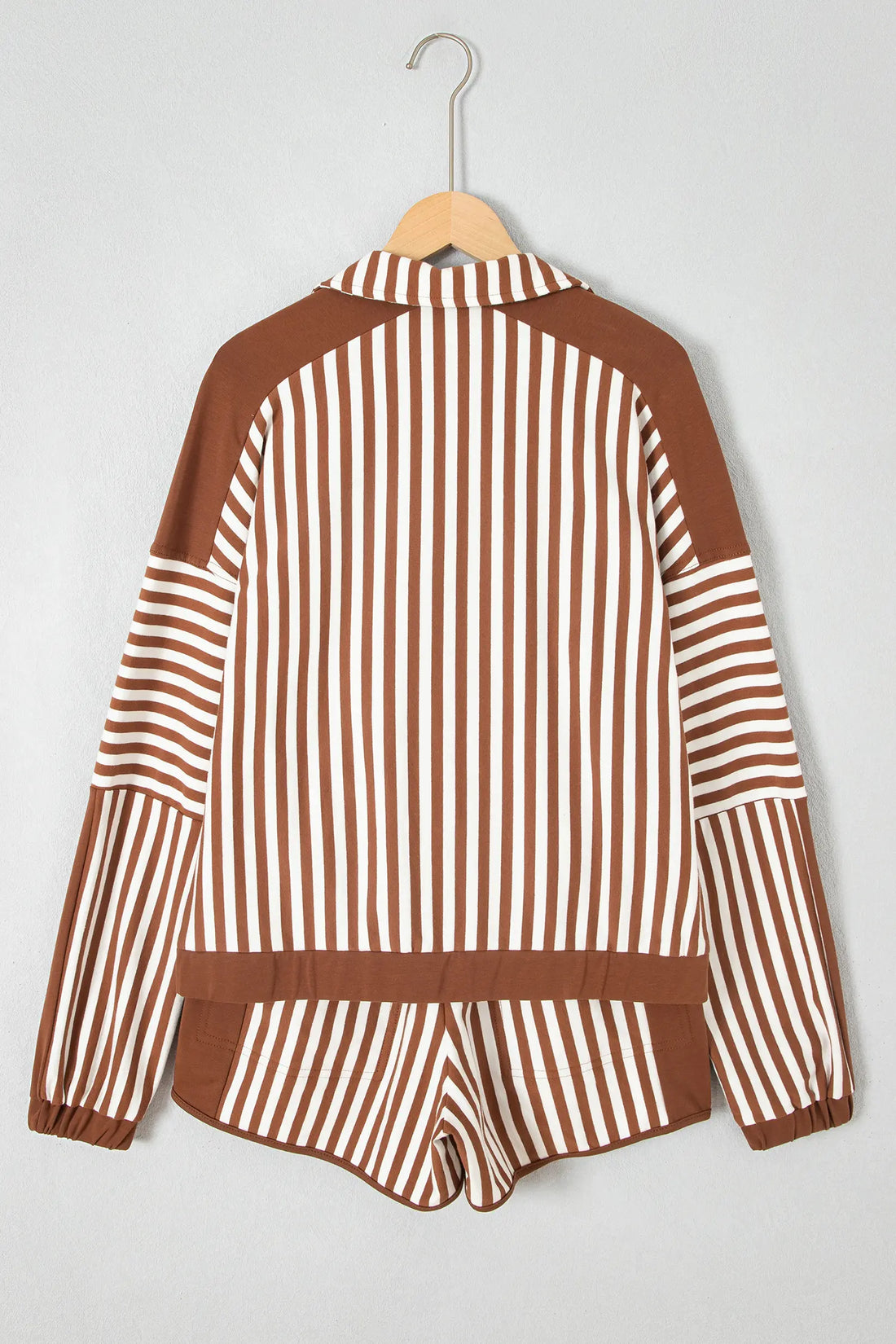 Colour Block Patchwork Quarter Zip Pullover Sporty Shorts Set – Brown Stripe