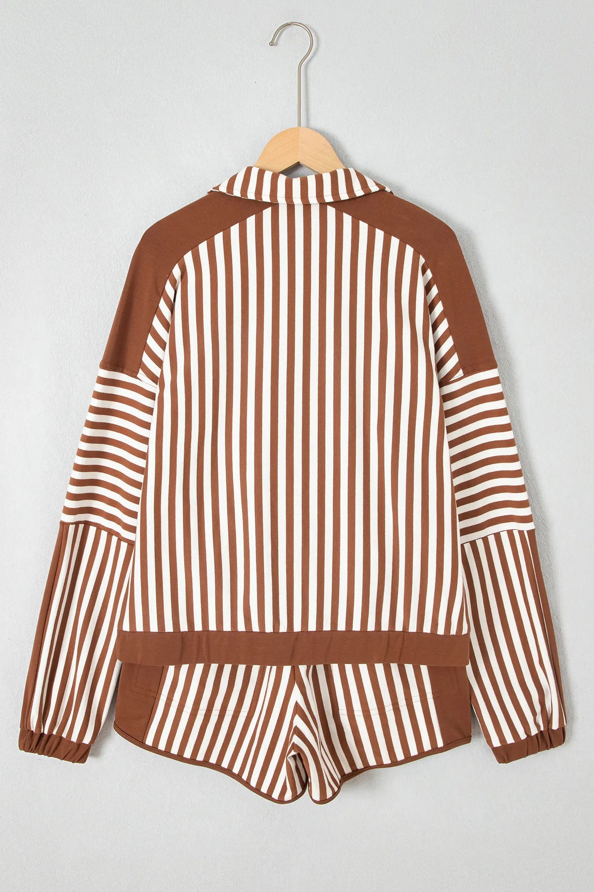 Colour Block Patchwork Quarter Zip Pullover Sporty Shorts Set – Brown Stripe