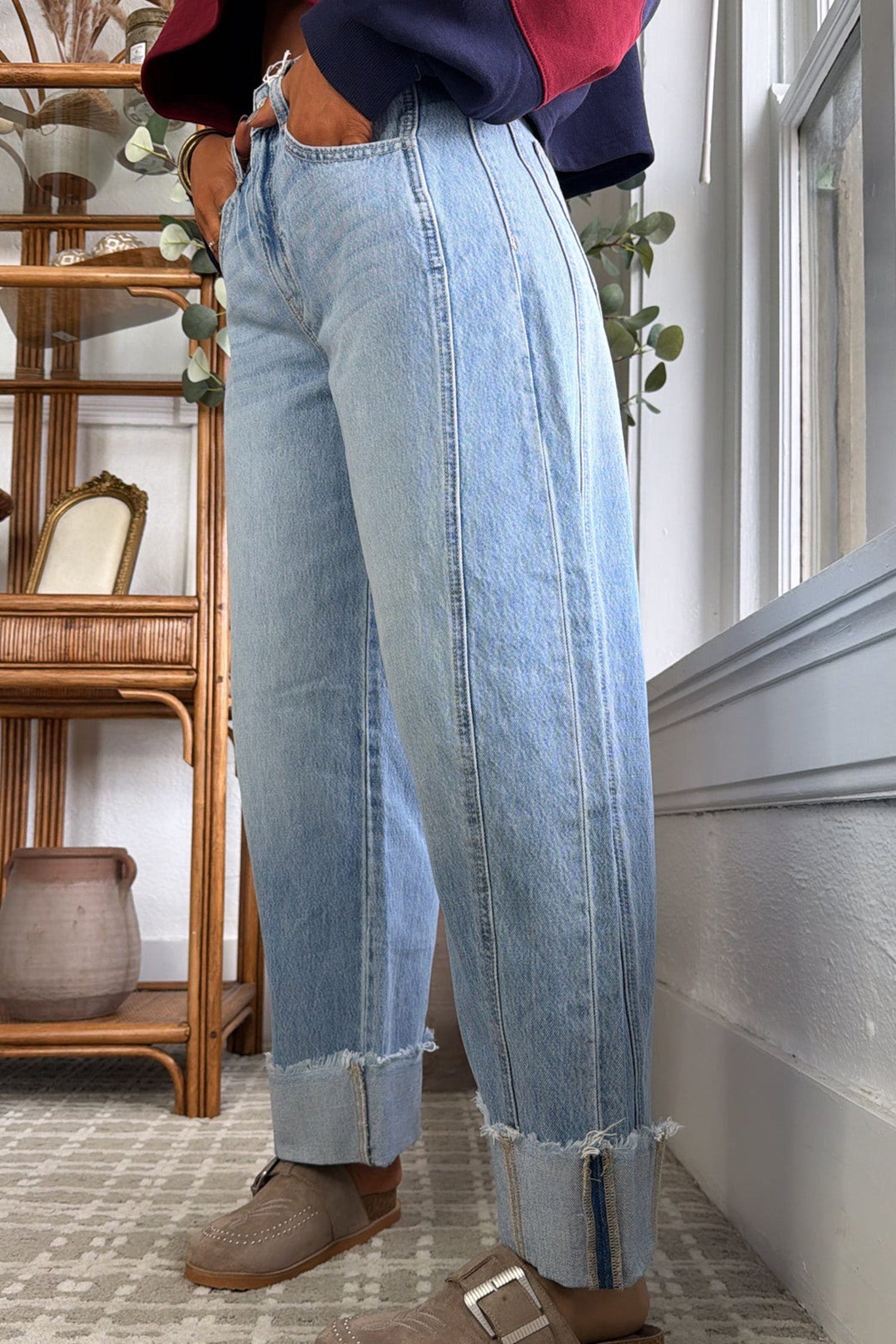 Raw Hem Turnup Loose Ankle-length Jeans – Sail Blue
