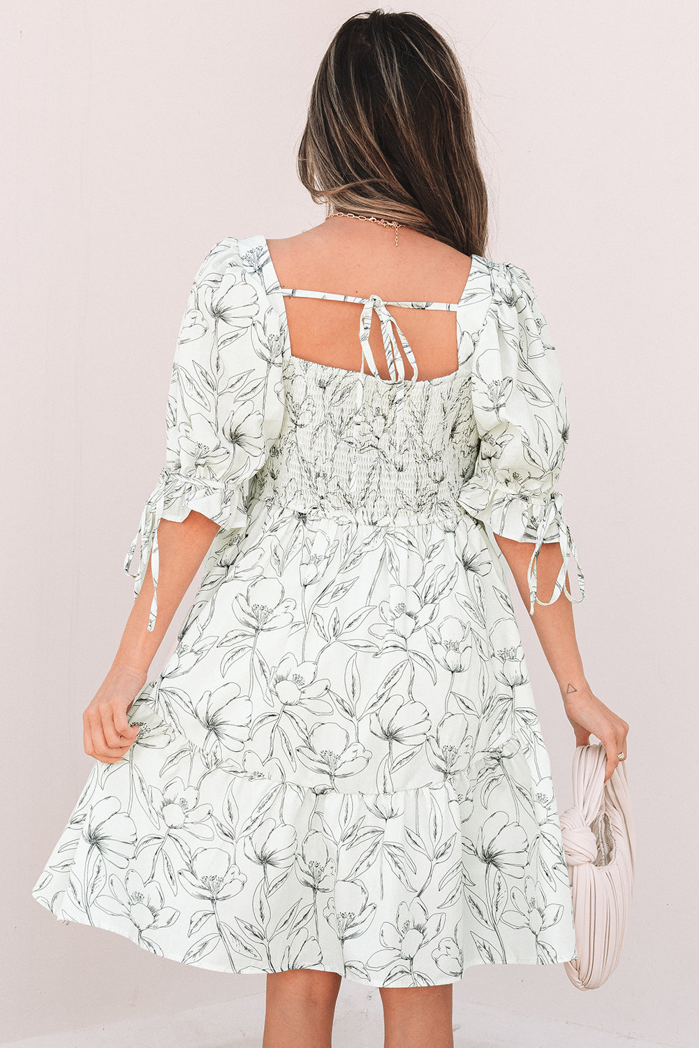 Beige Floral Print Square Neck Shirred Back Puff Sleeve Mini Dress eAura