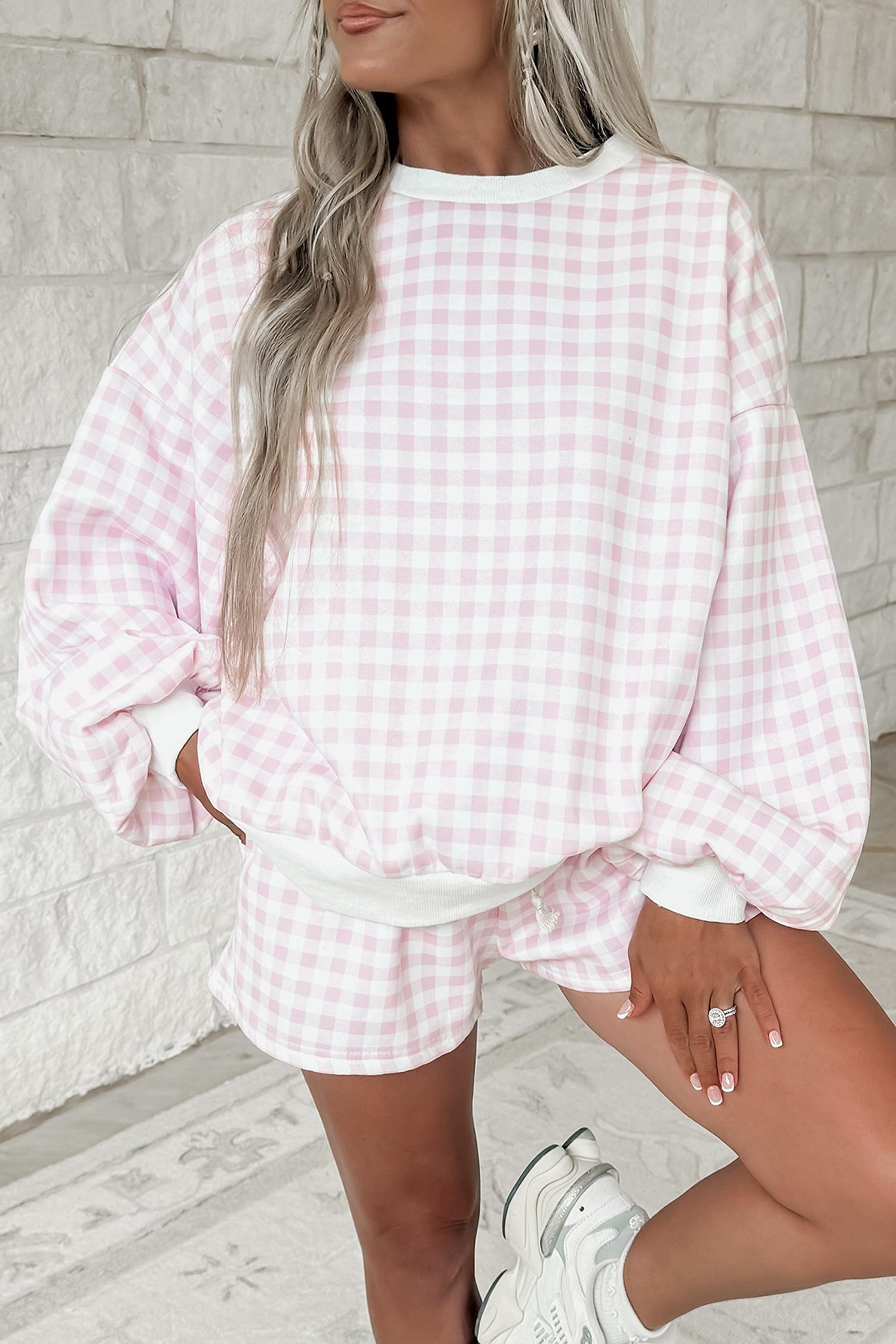 Plaid Baggy Pullover Drawstring Casual Shorts 2pcs Outfit – Pink