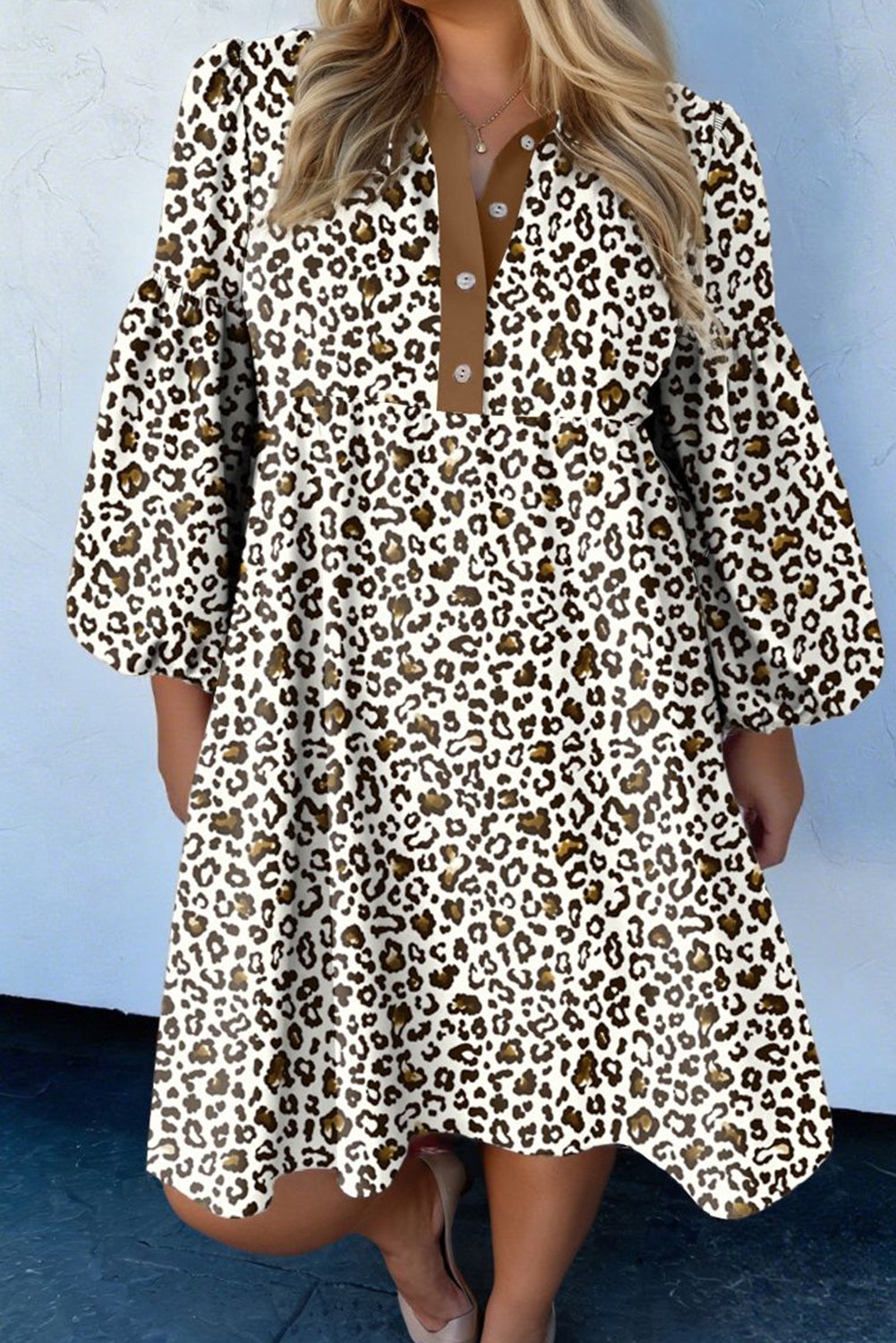 Plus Size V-Neck Leopard Print Puff Sleeve Mini Dress - eAura