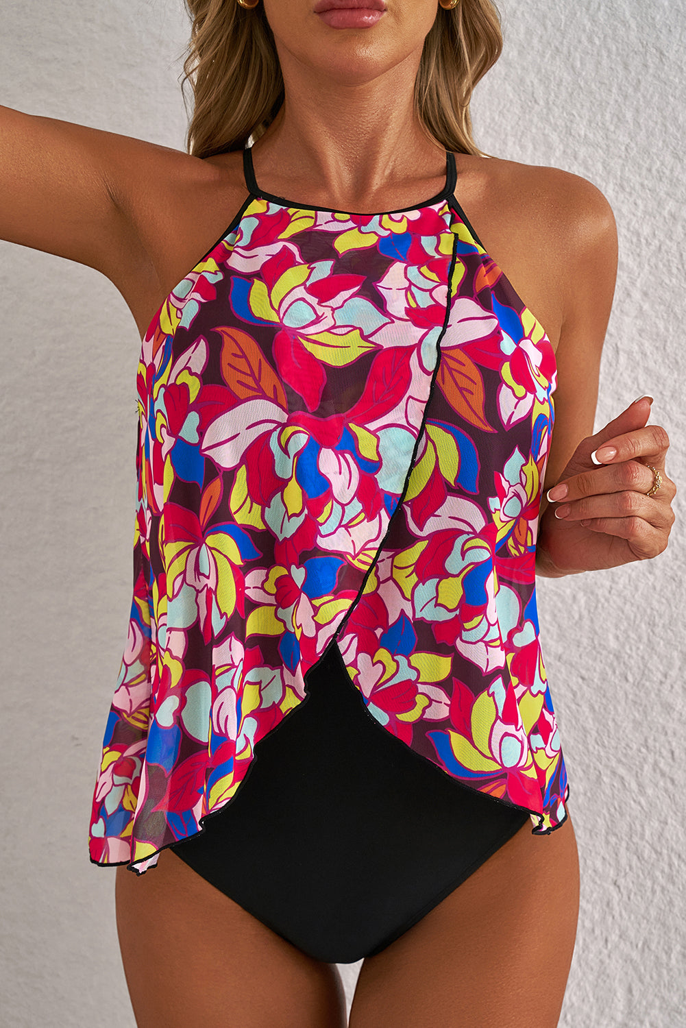 Purple Floral Print O Neck Open Back One Piece Swimsuit BB Fashion Outlet