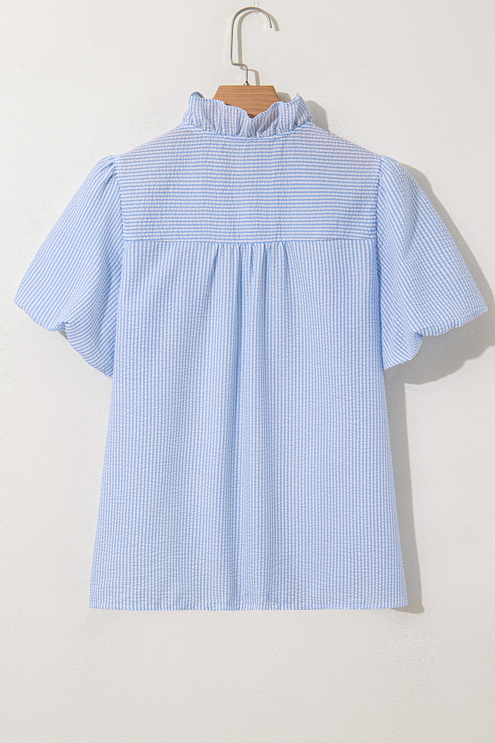 Striped Ruffle Short Bubble Sleeve Shirt eAura