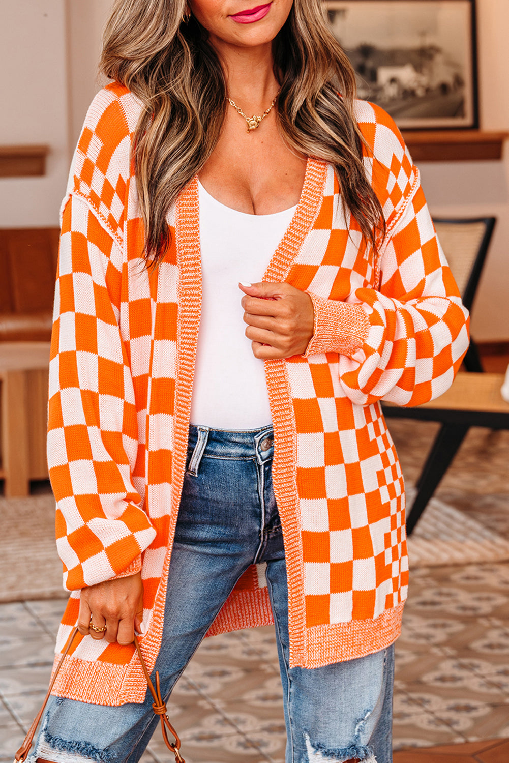 Orange Checkered Open Front Drop Shoulder Cardigan eAura