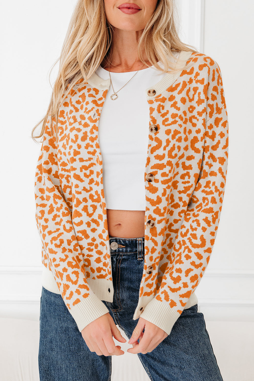 Leopard Print Drop Shoulder Chunky Knit Cardigan - eAura