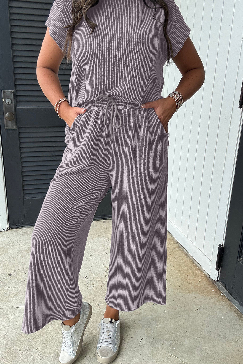 Bright Pink Solid Ribbed Knit Short Sleeve T Shirt and Wide Leg Trousers Set eAura