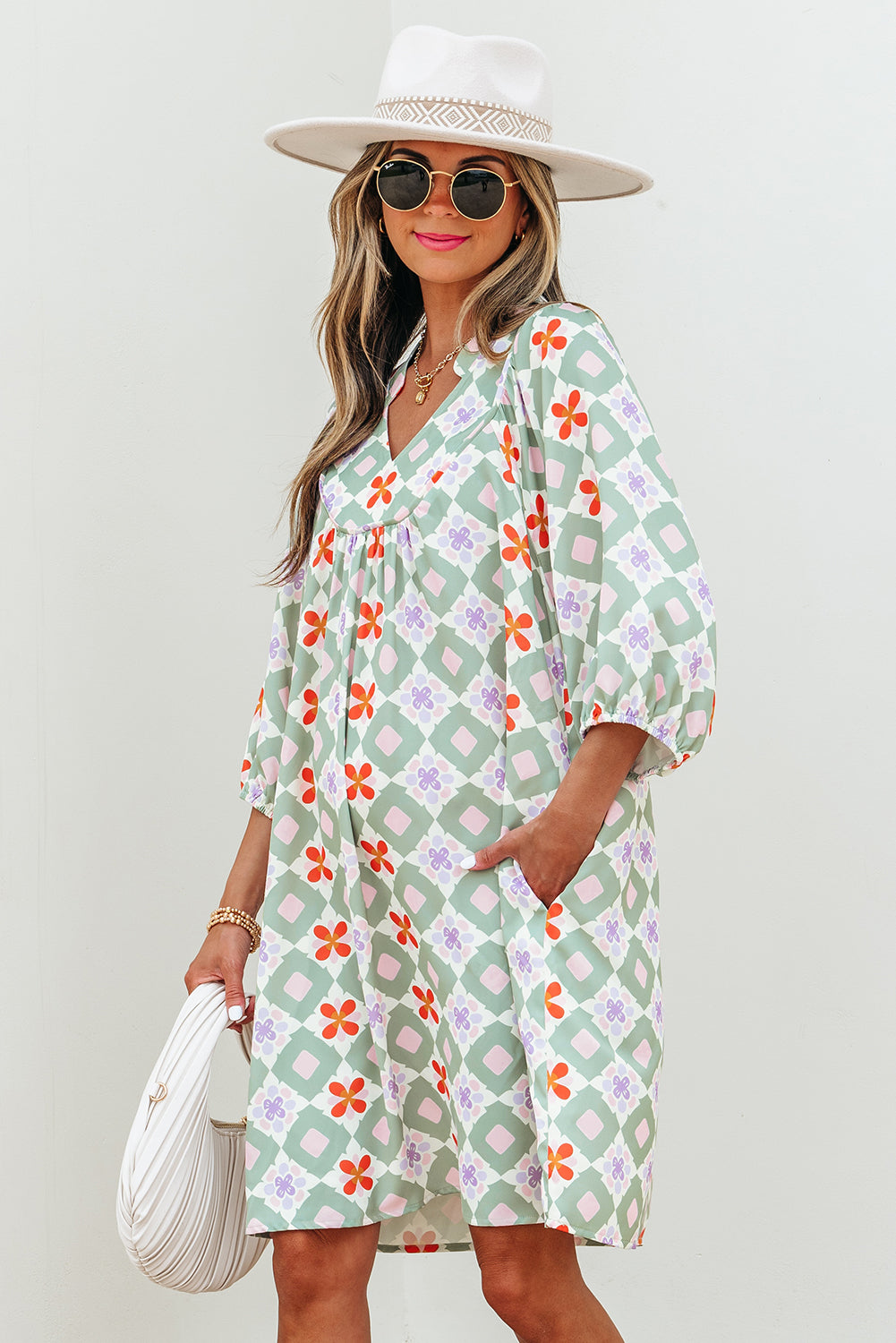 Green Geometric Floral Print 3/4 Sleeve Notched Neck Mini Dress eAura