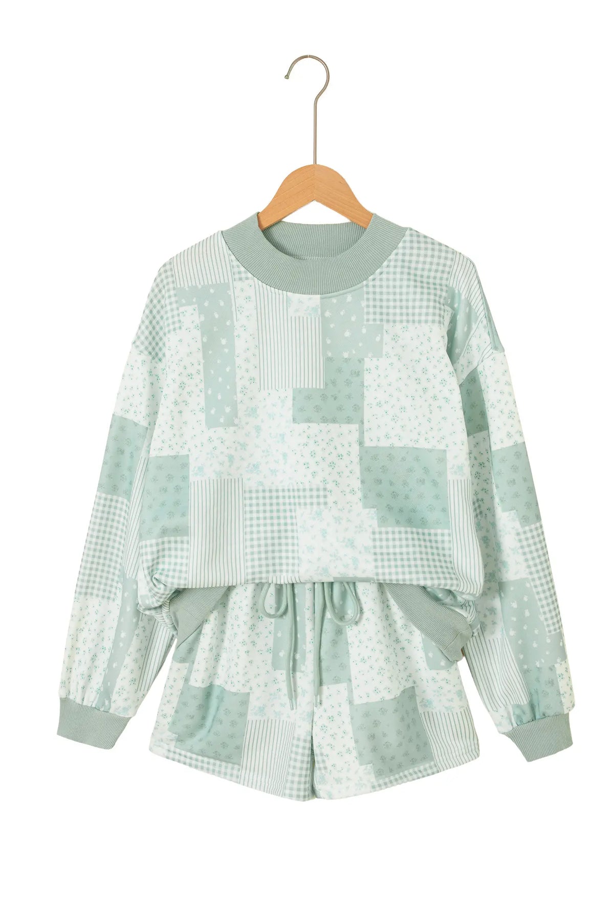 Sky Blue Patchwork Floral Print Drop Shoulder Baggy Pullover Drawstring Shorts Set – Light Blue