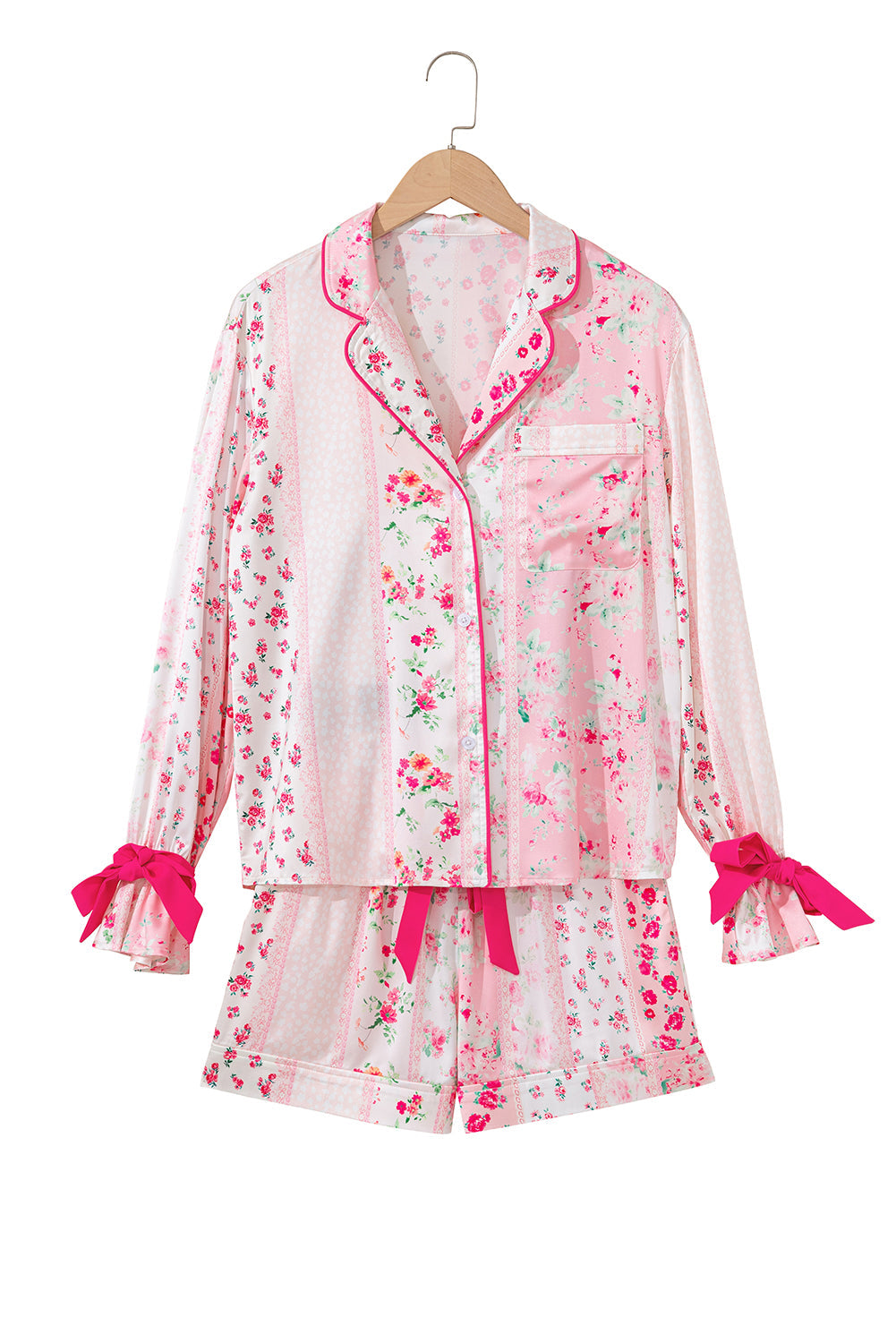Pink Mixed Floral Print Contrast Piping Trim Satin Tie Pyjama Set - eAura