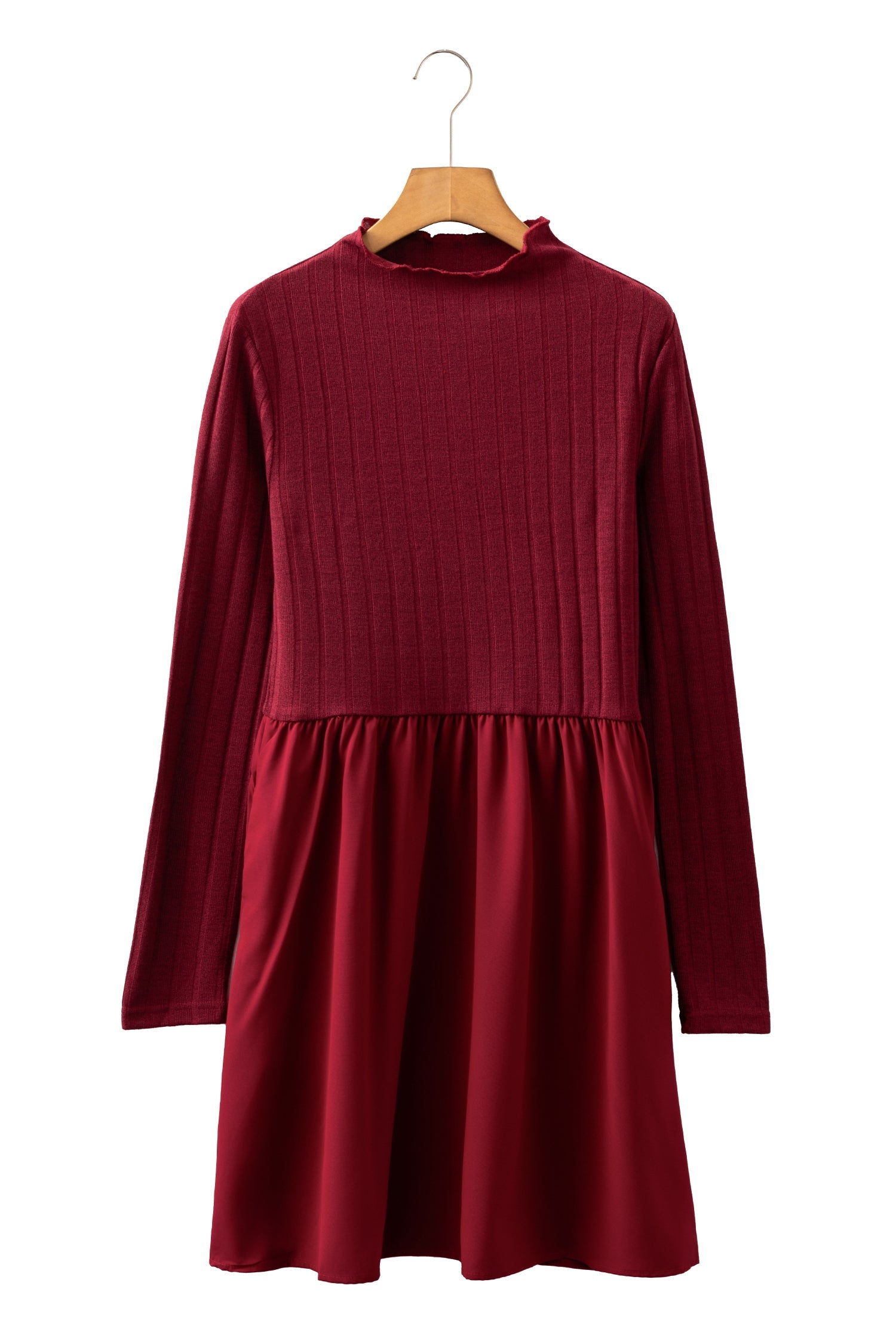 Frilled Neck Ribbed Knit Patchwork Long Sleeve Mini Dress - eAura