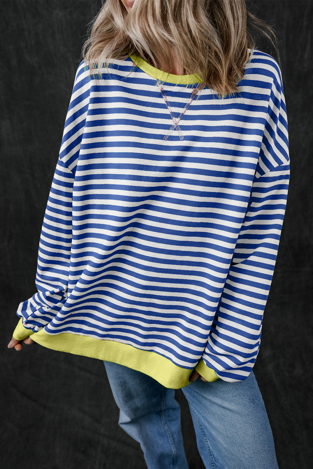 Sky Blue Stripe Oversized Contrast Trim Pullover Sweatshirt BB Fashion Outlet