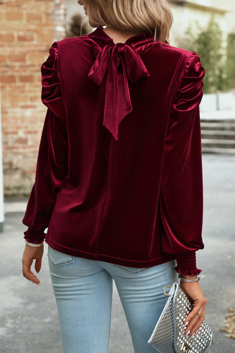 Sky Blue Fiery Mock Neck Puff Sleeve Velvet Blouse Beagle Boutique Fashion Outlet