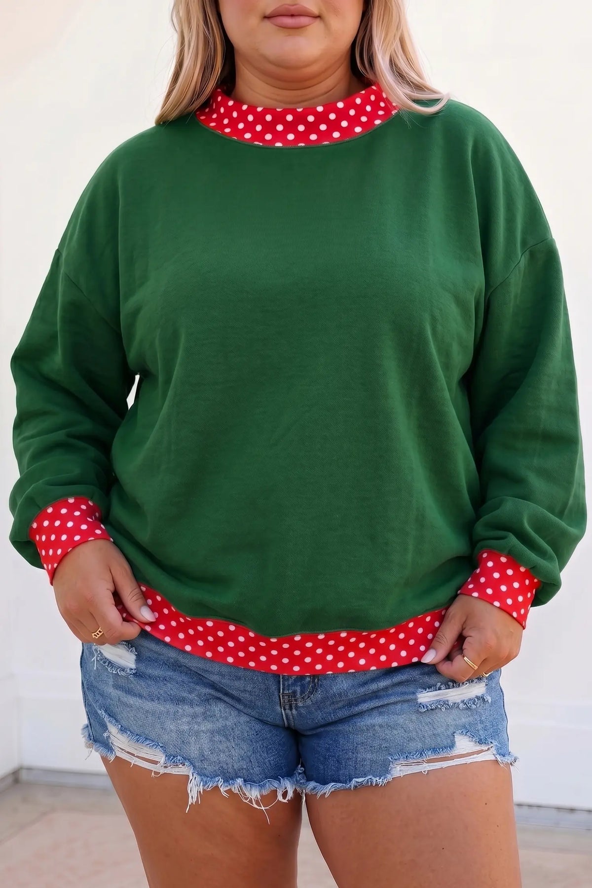 Polka Dot Patchwork Round Neck Plus Size Sweatshirt – Racing Red