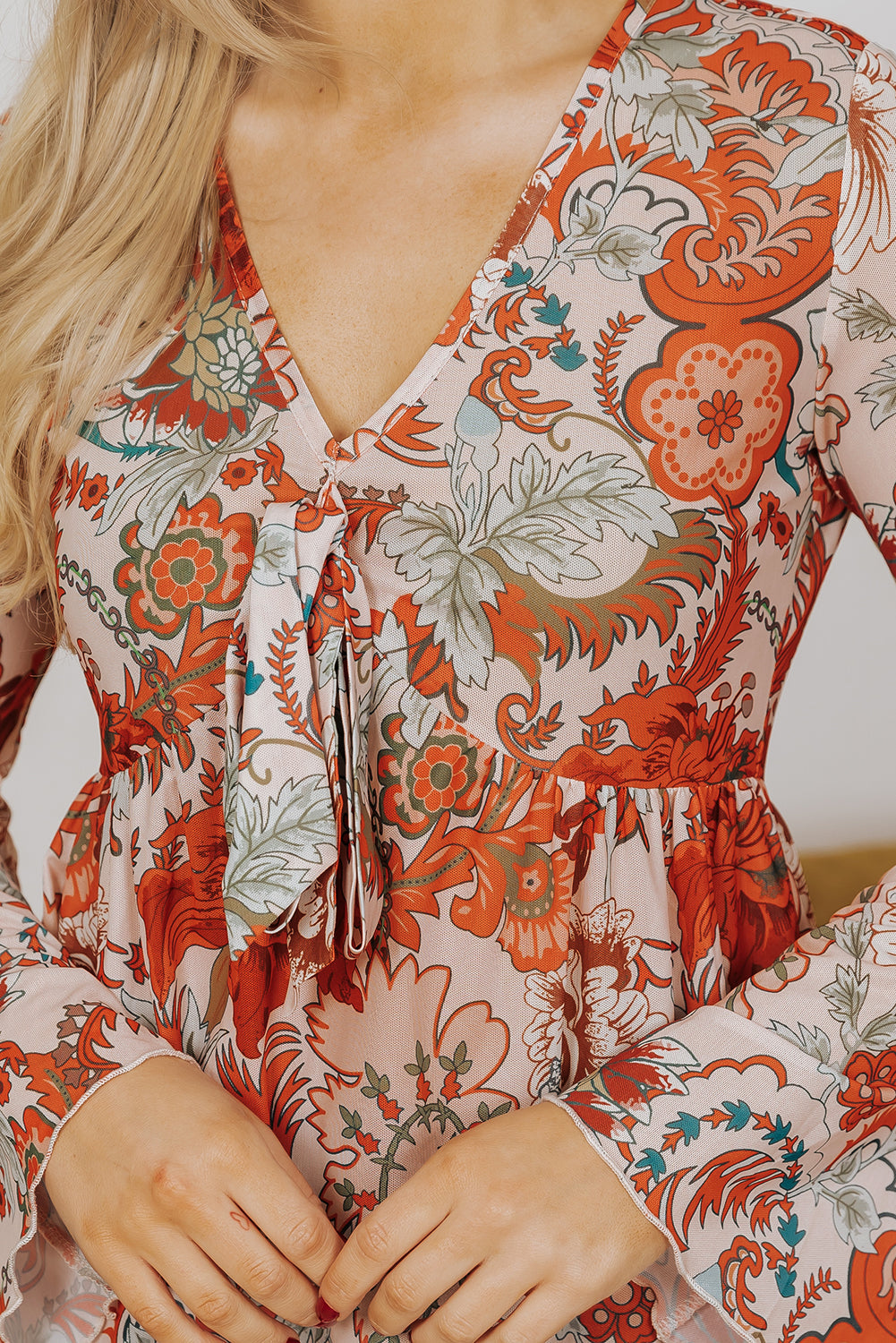 Orange Floral Print Deep V Neck Knot Bell Sleeve Blouse eAura