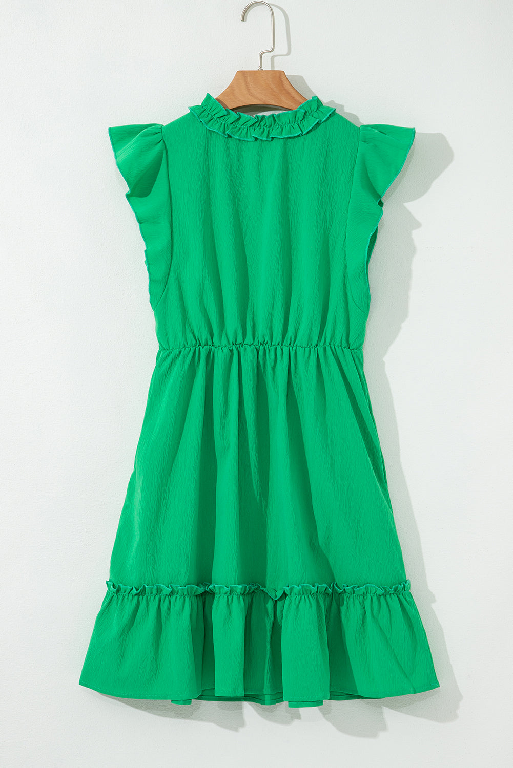 Bright Green Split V Neck Elastic Waist Ruffled Dress eAura