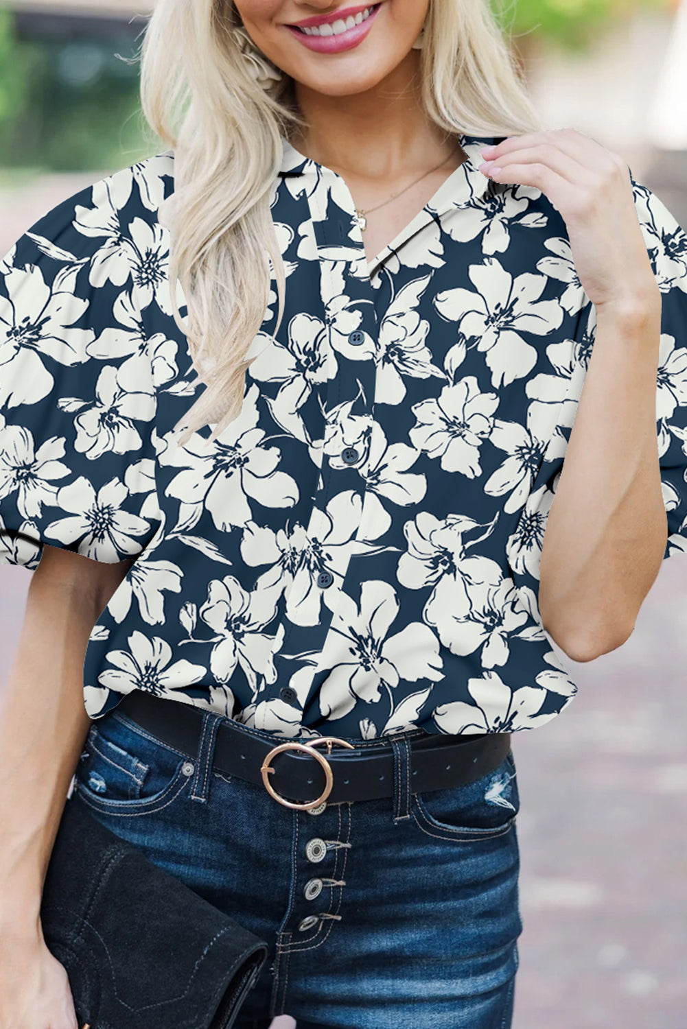 Blue Floral Short Puff Sleeve Summer Shirt eAura