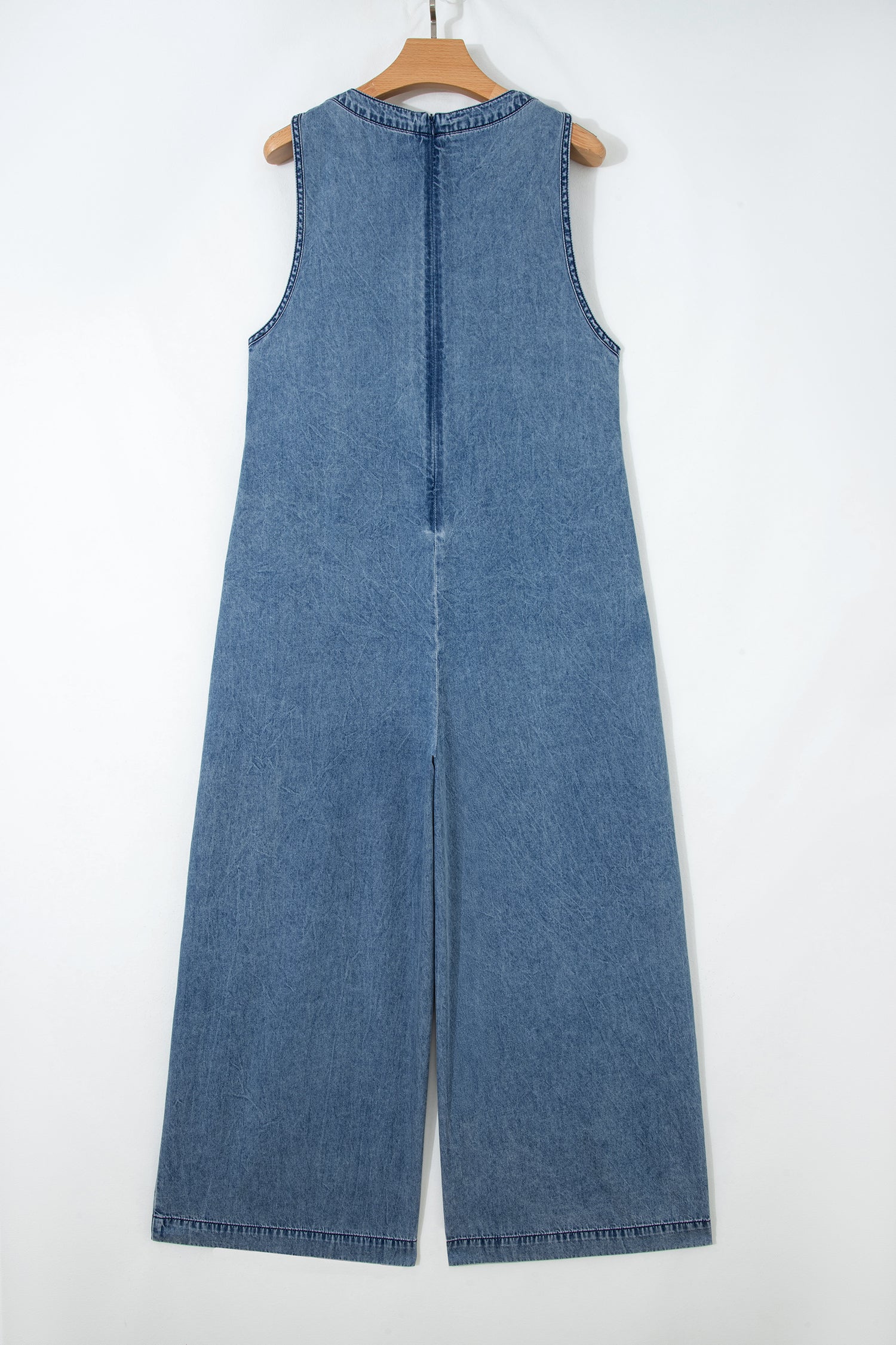Acid Wash Pintuck Tie V Neck Denim Wide Leg Jumpsuit