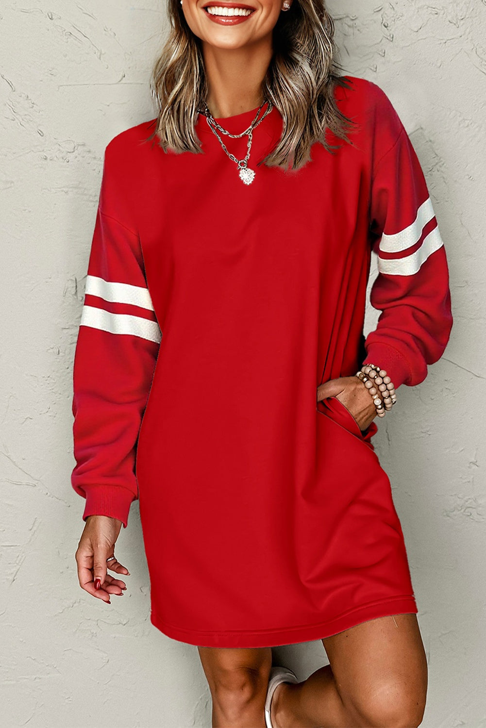 Varsity Contrast Banded Sleeve Shift Sweatshirt Dress eAura