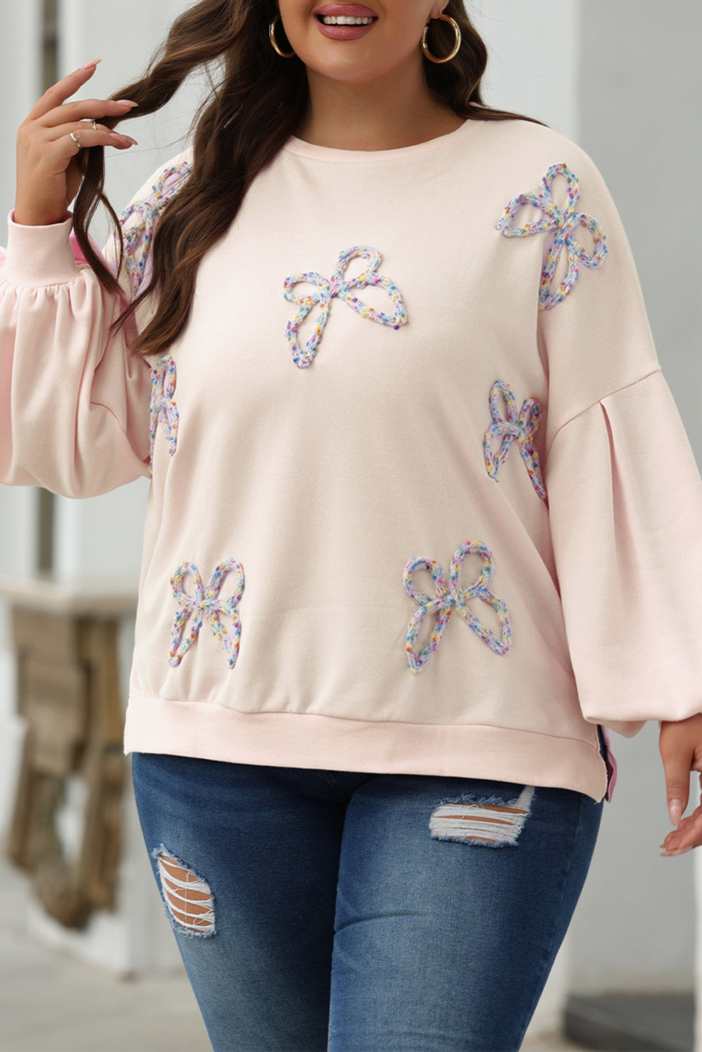 Parchment Embroidered Bow Lantern Sleeve Oversized Pullover Sweatshirt eAura