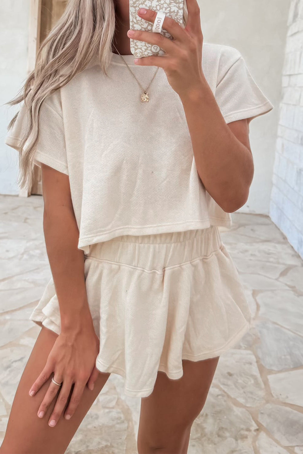 Beige 2pcs Cropped Tee and Ruffle High Waist Skort Set Co-ord eAura