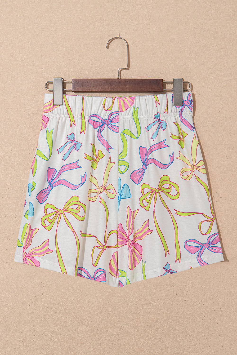 White Bow Print Elastic Pull On Casual Shorts eAura