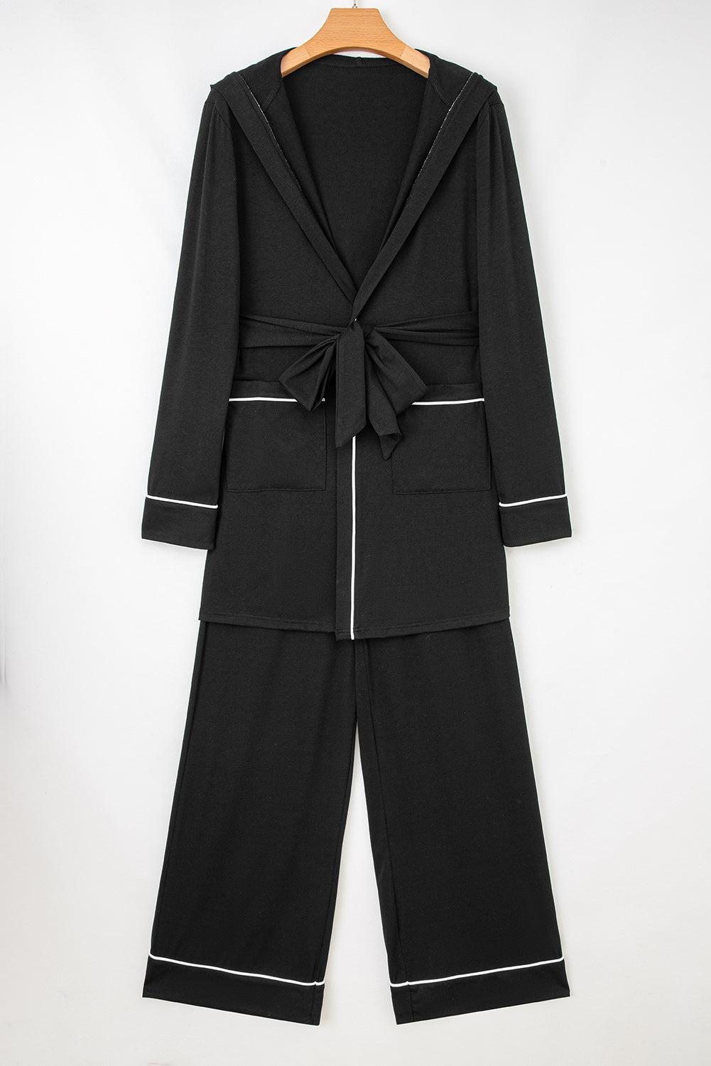 Black Contrast Trim Hooded Lounge Cardigan and Trousers Sleepwear Set - eAura