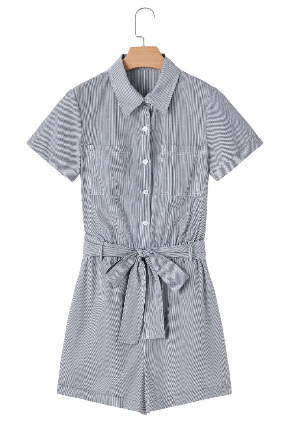 Blue Stripe Chest Pockets Buttoned Belted High Waist Romper eAura