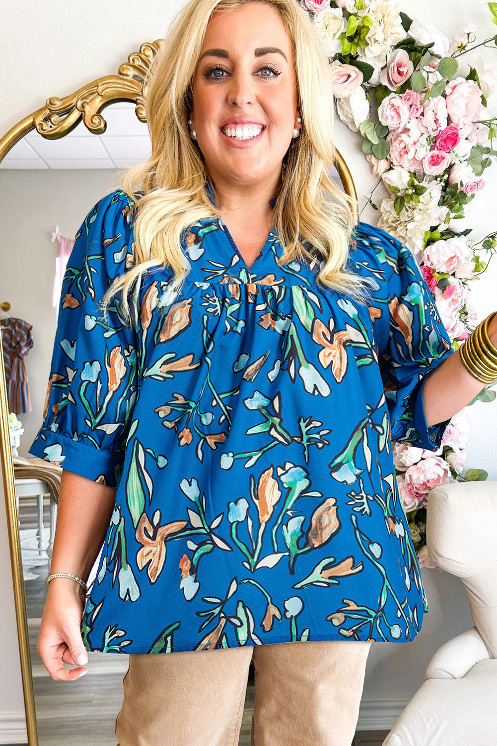 Blue Floral Notched V Neck Half Sleeve Plus Size Blouse BB Fashion Outlet