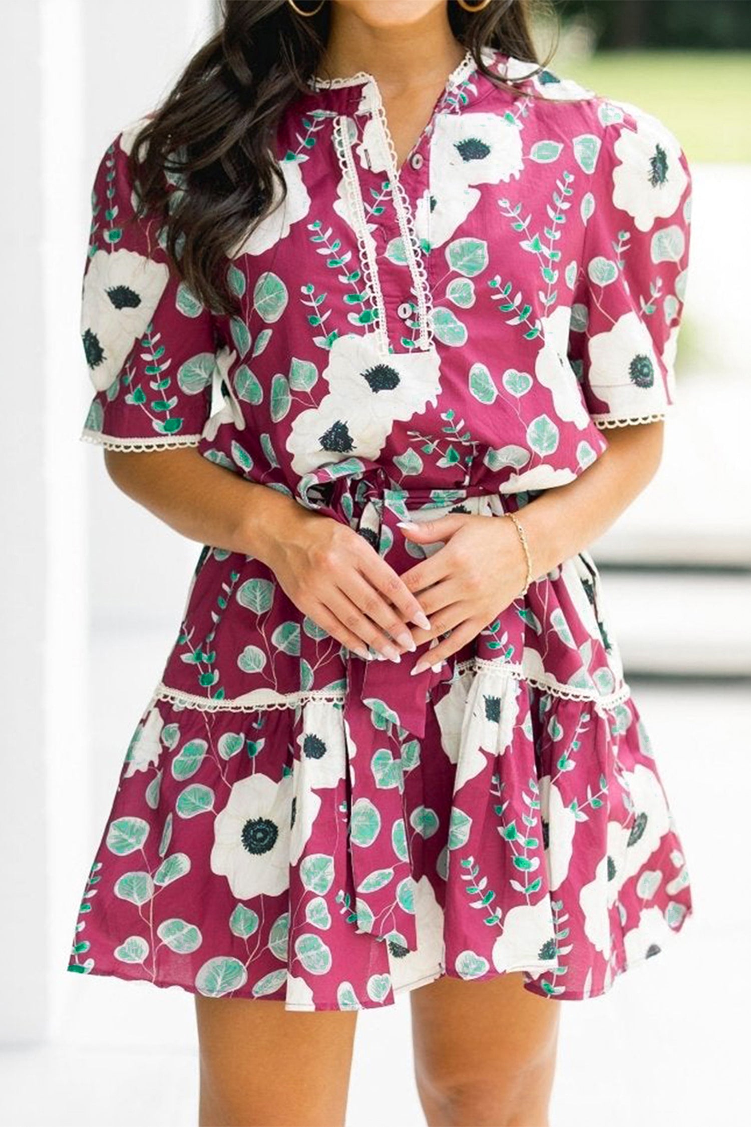 Floral Print Trimmed Short Puff Sleeve Mini Dress with Belt