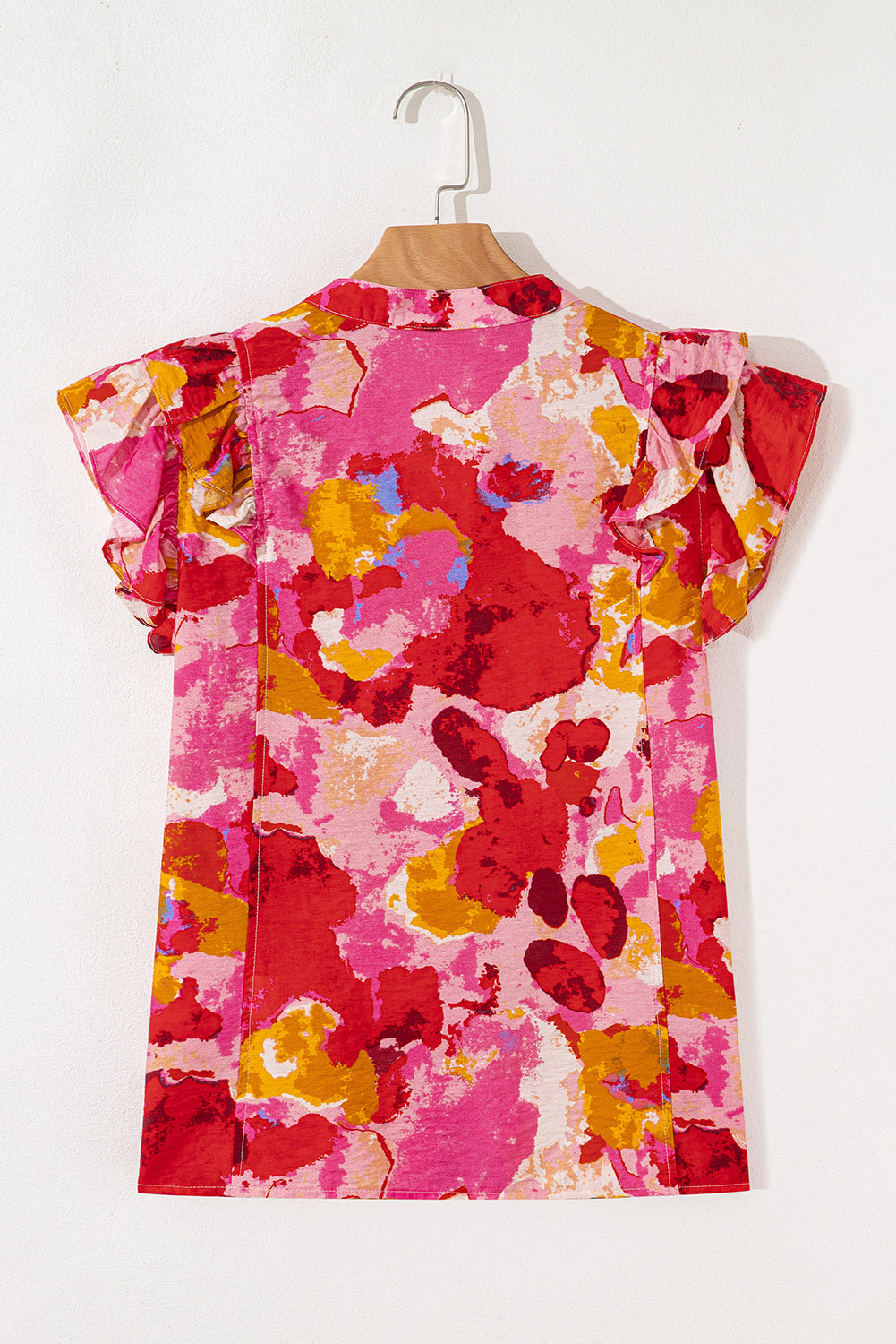 Red Abstract Print Split V Neck Ruffle Short Sleeve Blouse eAura