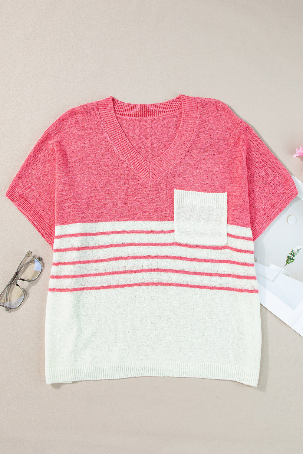 Strawberry Pink Contrast Stripes V Neck Knitted Short Sleeve Top eAura