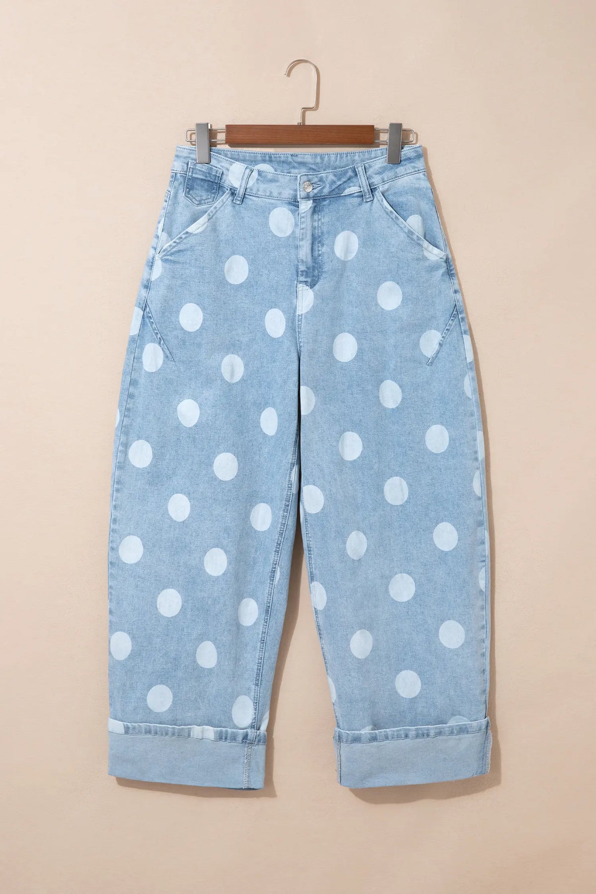 Polka Dot Ankle-Length Metal Button Casual Jeans – Brown