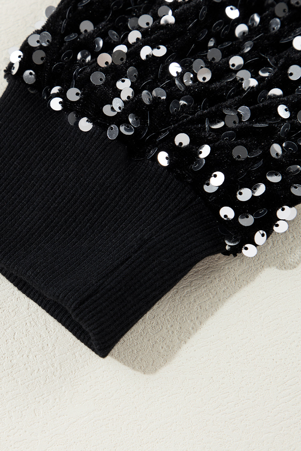 Black Sequinned Long Sleeve Crew Neck Cropped Blouse - eAura