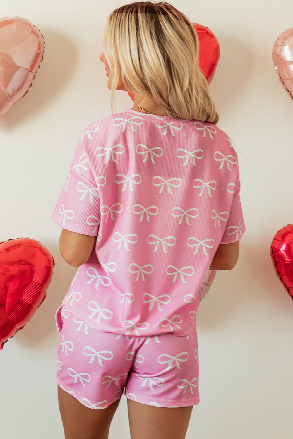 Pink Waffle Knit Bowknot Printed V Neck T Shirt and Shorts Set eAura