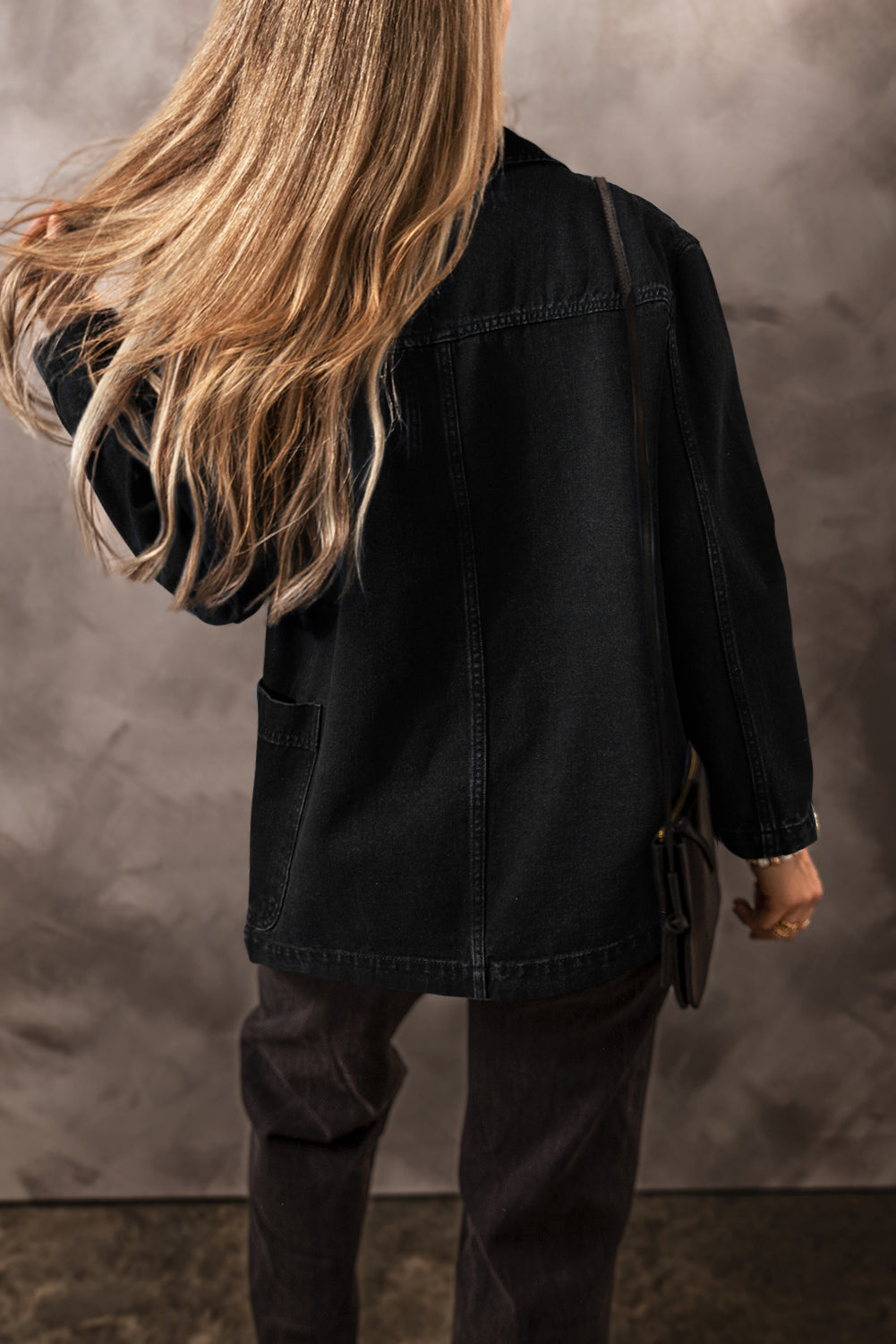 Black Side Pockets Lapel Collar Denim Jacket eAura