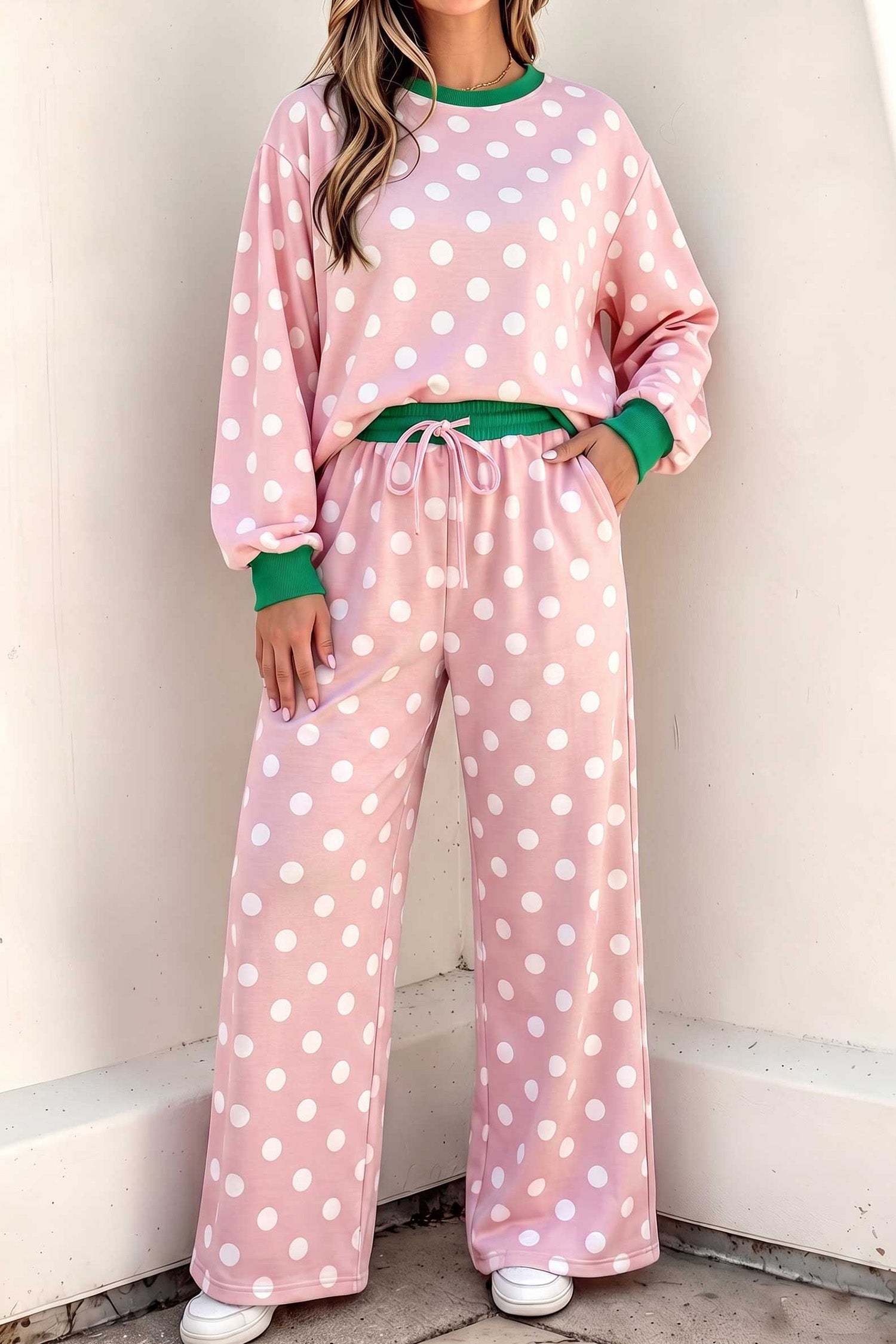 Polka Dot Contrast Trim Long Sleeve Top Drawstring Shift Pants Set – Pink