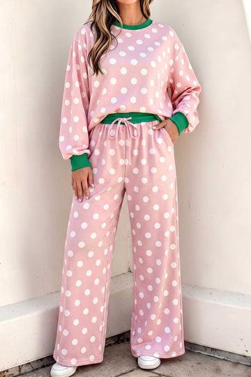 Polka Dot Contrast Trim Long Sleeve Top Drawstring Shift Pants Set – Pink