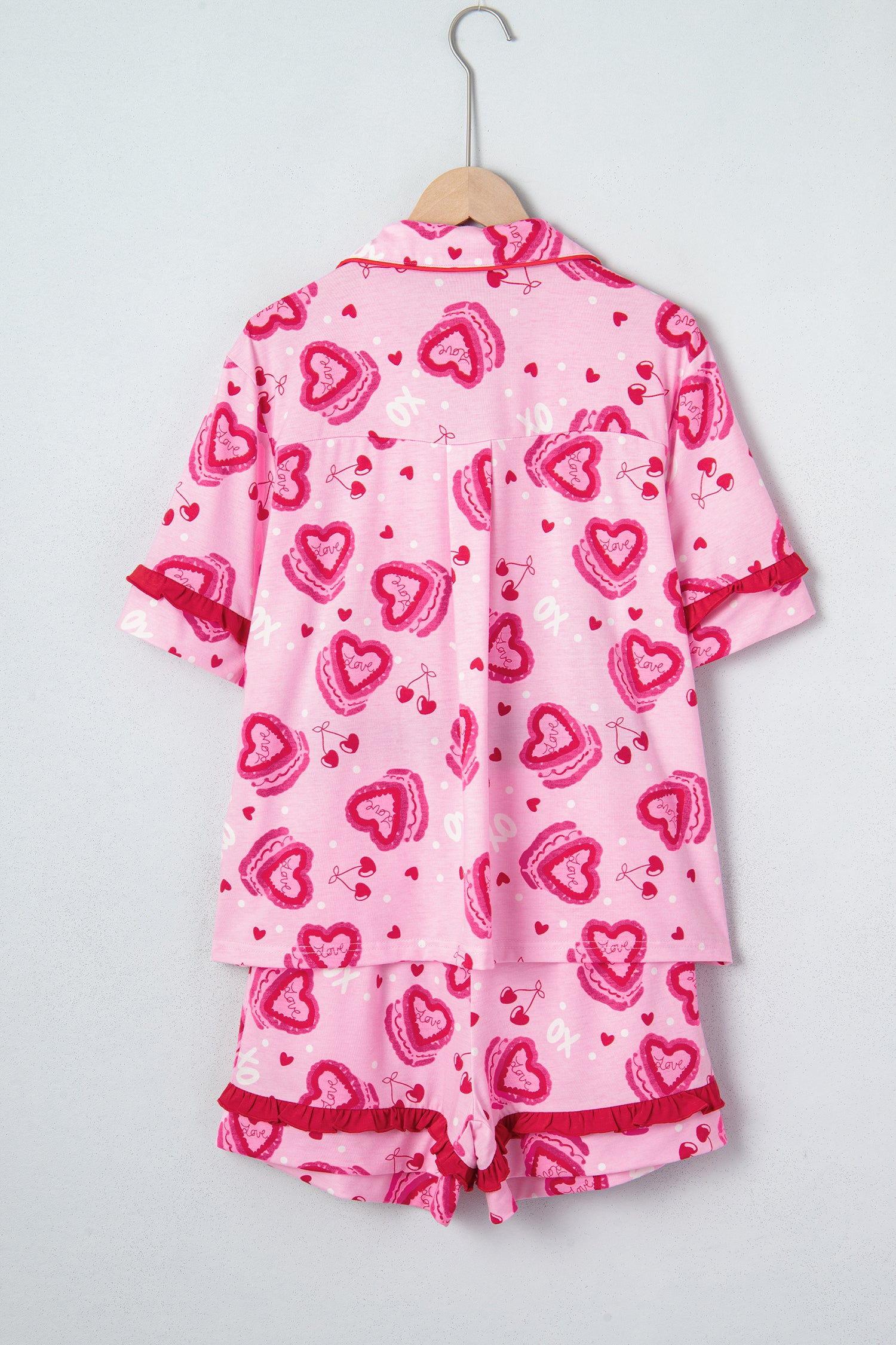 Sweet Heart Cake Print Contrast Ruffle Trim Valentines 2pcs Pajama Set – Pink