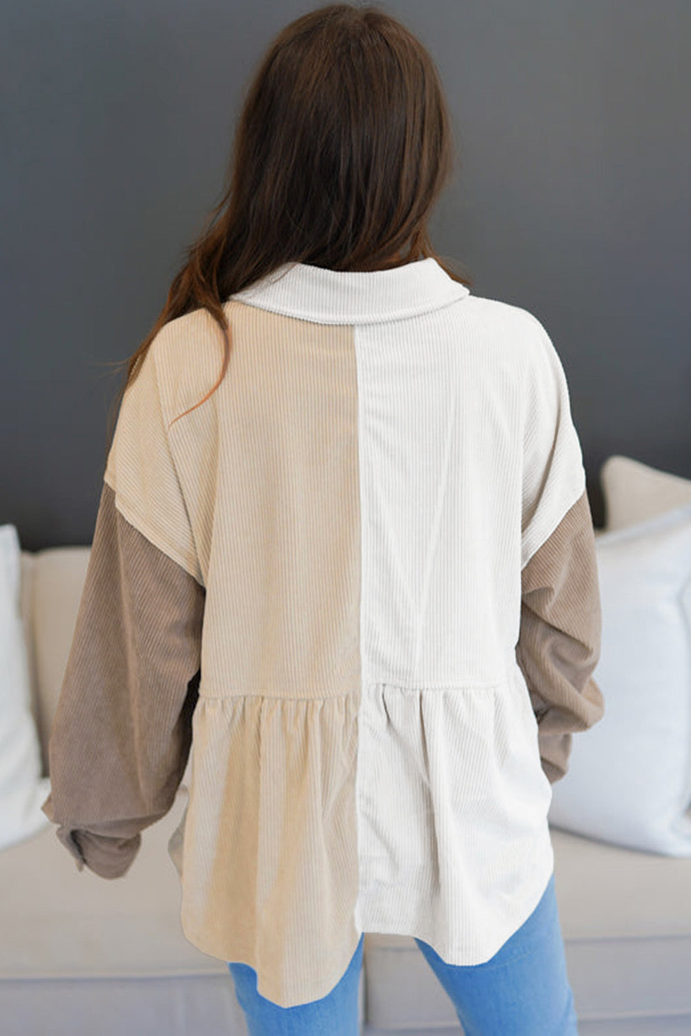 Khaki Corduroy Colourblock Button up Loose Shacket eAura