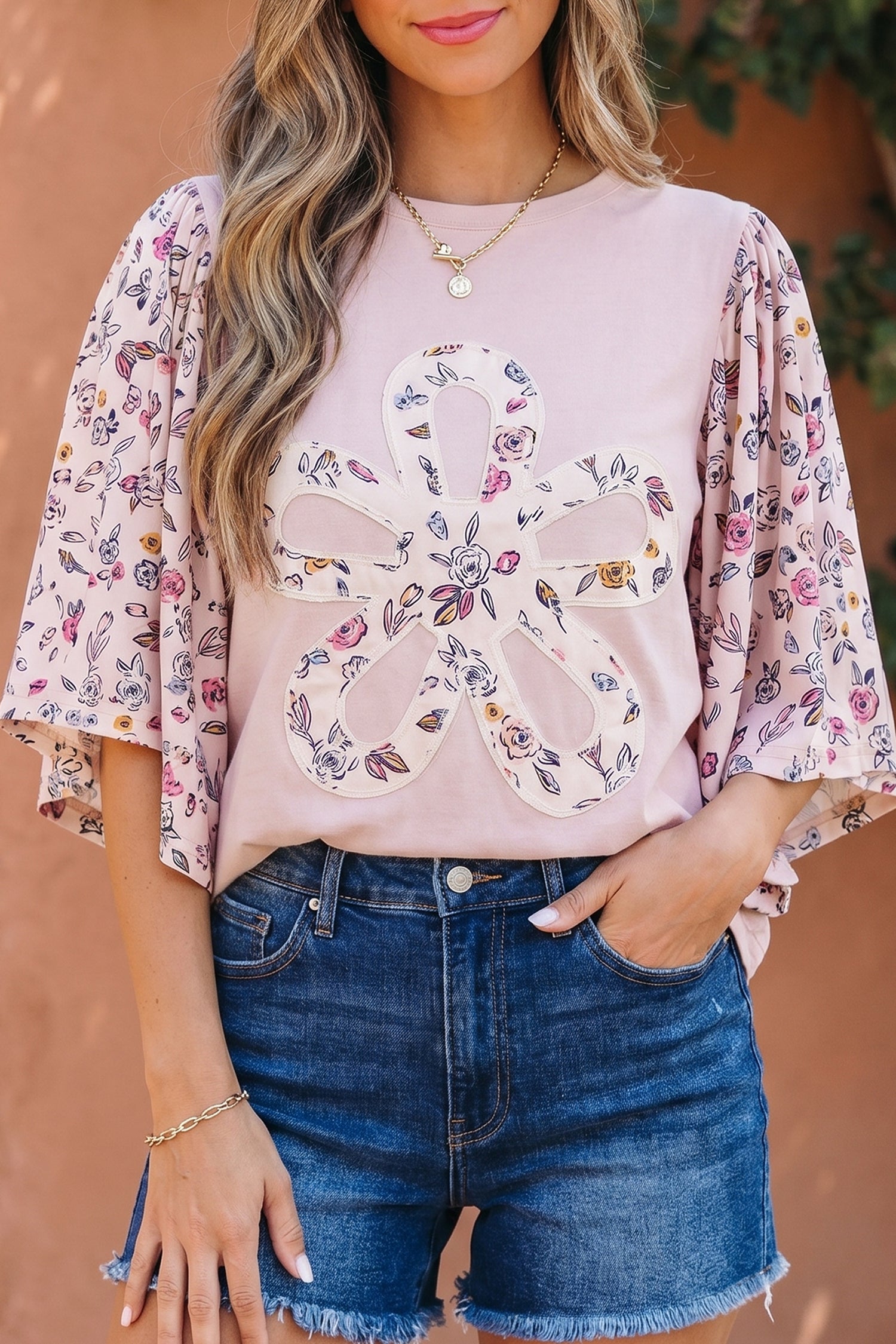 Floral Patchwork Flowy Half Sleeve Blouse – Pink