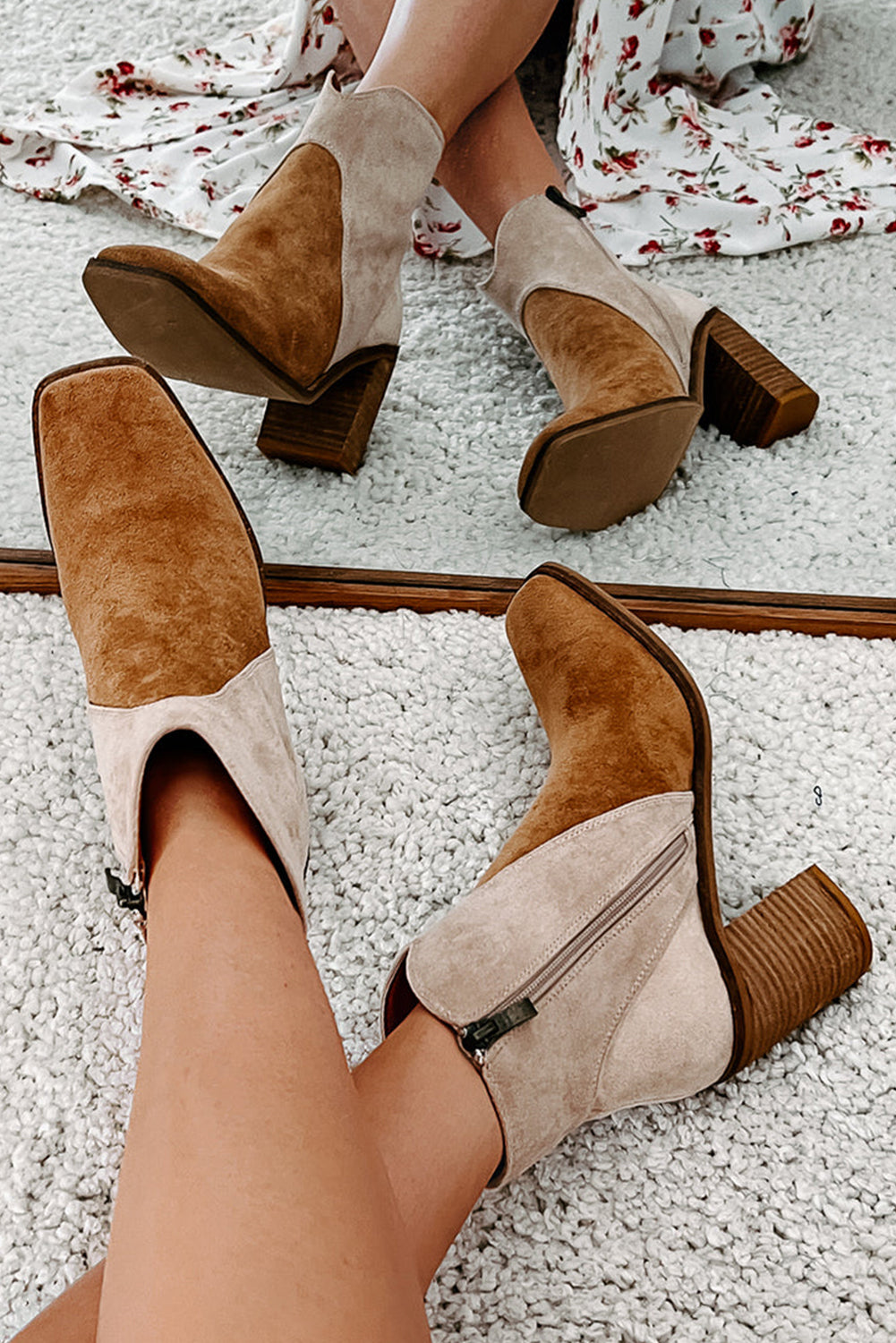 Camel Two Tone Faux Suede Square Toe Chunky Heel Boots - eAura