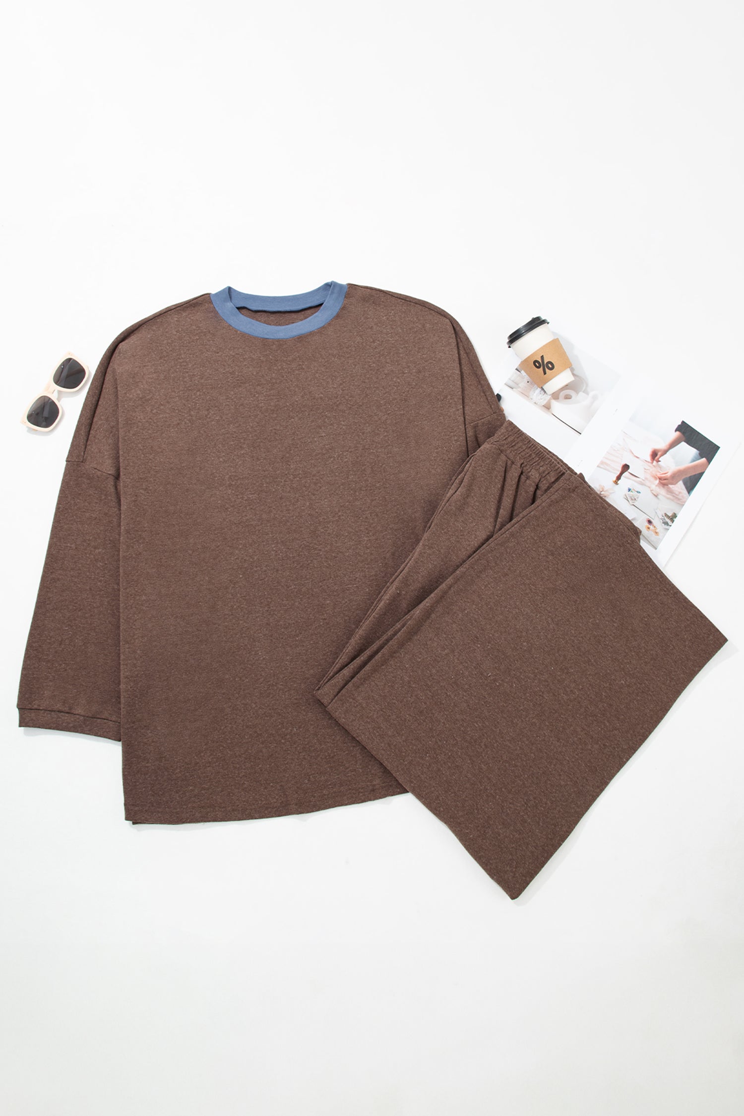 Long Sleeve Round Neck Patchwork Colorblock Plus Size Set – Dark Brown