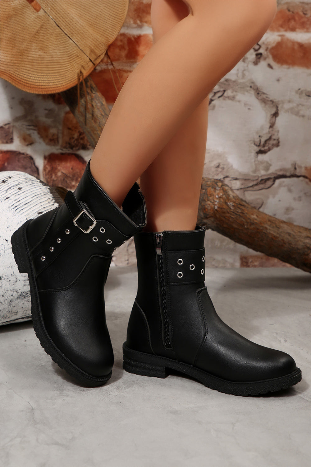 Black Studded Buckle Decor Side Zip Faux Leather Boots - eAura
