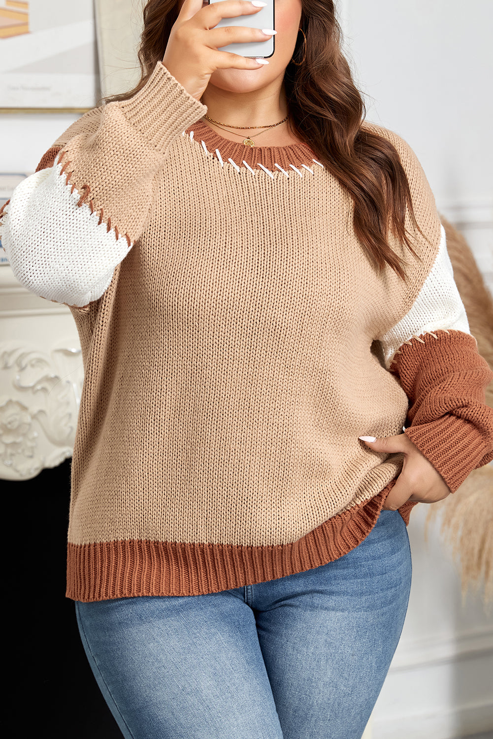 Light French Beige Contrast Stitch Detail Knit Plus Size Sweater eAura