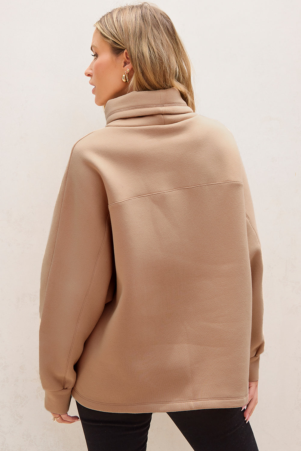Light French Beige Drawstring Turtleneck Dolman Sleeve Sweatshirt eAura
