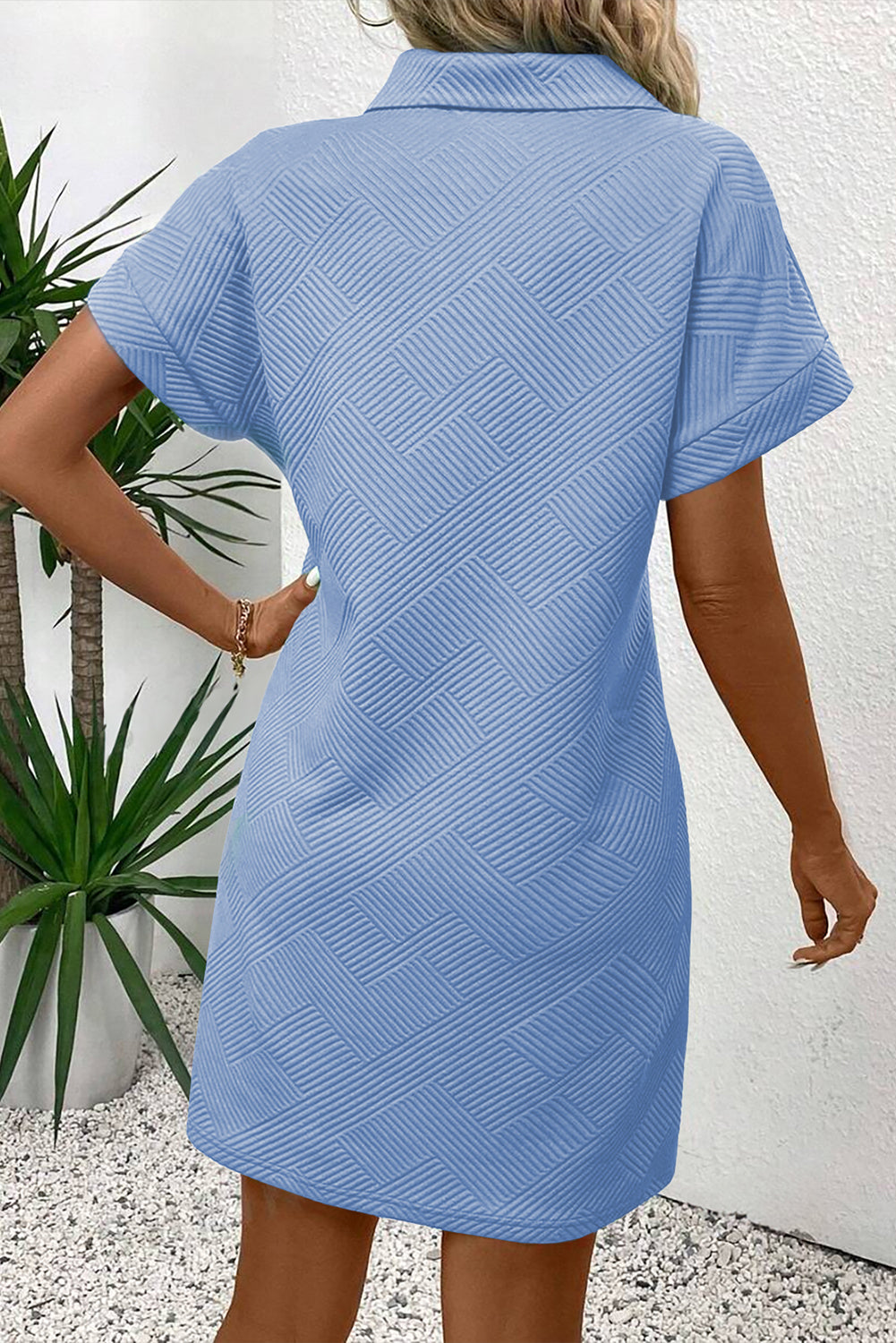 Sky Blue Solid Color Textured Short Sleeve A Line Mini Dress – Light Blue
