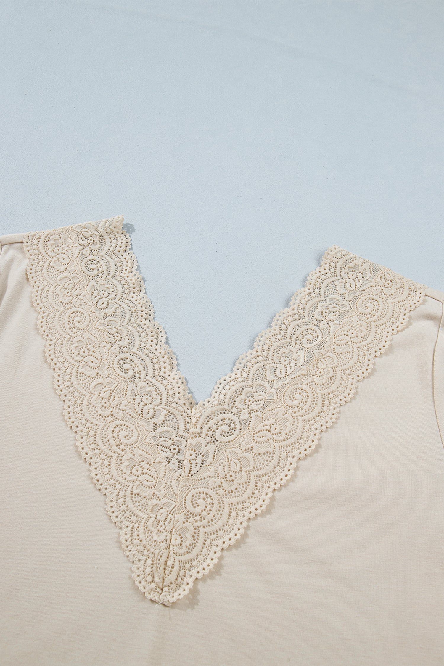 Apricot Lace Splicing V Neck Long Sleeve Top – Beige